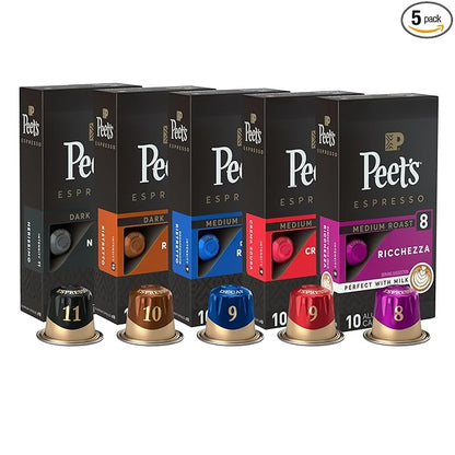Peet's Coffee, Dark and Medium Roast Espresso Capsules Variety Pack with Decaf, Compatible with Nespresso Original Machine - Intensity 8-11, 50 Count (5 Boxes of 10 Espresso Capsules)