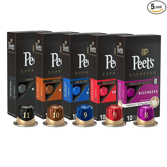 Peet's Coffee, Dark and Medium Roast Espresso Capsules Variety Pack with Decaf, Compatible with Nespresso Original Machine - Intensity 8-11, 50 Count (5 Boxes of 10 Espresso Capsules)