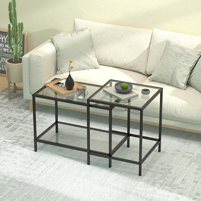 Nesting Coffee Table,Small Glass Coffee Table Set of 2,Black Modern Square Sofa Side Tea Table for Living Room,Bedroom and Small Spaces,2 Tier Tempered Glass with Sturdy Metal Frame, Easy Assembly