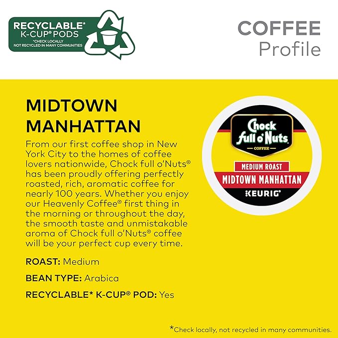 Chock Full o'Nuts Midtown Manhattan Coffee, Compatible with Keurig K-Cup Pods, 12 CT (Pack of 6)