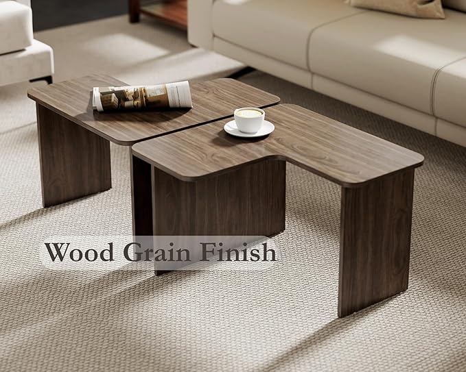 VESCASA Modern L Shaped Nesting Coffee Table Set of 2 Modular Rectangle Walnut Wood Table for Living Room