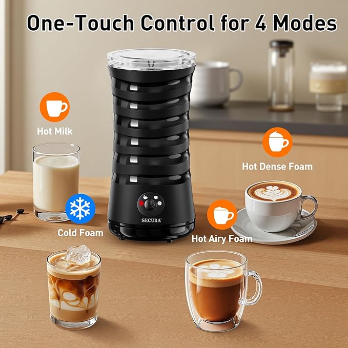 Secura Electric Milk Frother, Automatic Milk Steamer, 4-IN-1 Hot & Cold Foam Maker-8.4oz/240ml Milk Warmer for Latte, Cappuccinos, Macchiato with Silicone Spatula, Quiet Operation & Shut-off (Black)