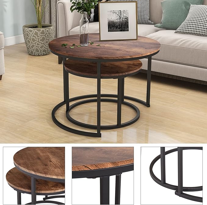 Industrial Round Coffee Table Set of 2 End Table for Living Room,Stacking Side Tables, Sturdy and Easy Assembly,Wood Look Accent Furniture with Metal Frame,Black+Rustic Brown