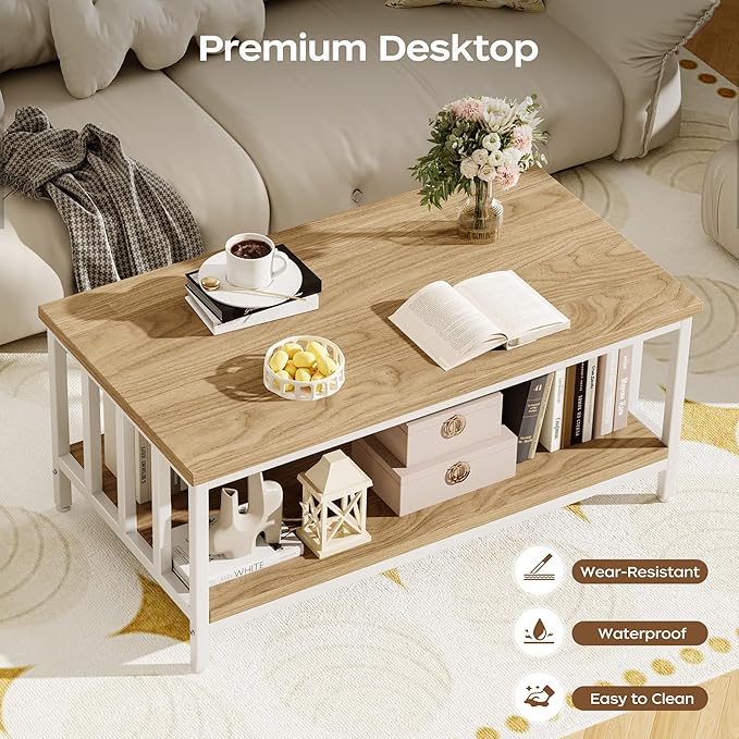 Coffee Table for Living Room with Slatted Sides Frame, Modern Farmhouse Living Room Table with 2-Tier Storage Shelf for Home Office, Apartment, 39 inch, Light Coffee