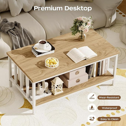 Coffee Table for Living Room with Slatted Sides Frame, Modern Farmhouse Living Room Table with 2-Tier Storage Shelf for Home Office, Apartment, 39 inch, Light Coffee