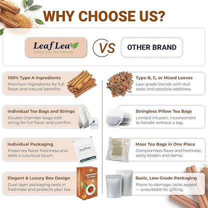 LeafLea 40 Cinnamon Tea Bags, 100% Natural Ground Cinnamon Stick Herbal Tea, Spiced and Warming Flavor for Relaxation, Caffeine-Free, Sugar-Free, Non-GMO, Vegan