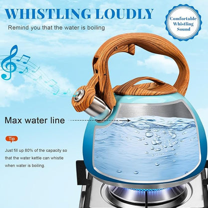 GGC Tea Kettle for Stove Top, 3.1QT/3L Whistling Tea Kettles for Boiling Water Coffee or Milk, Gradient Blue Tea Pot with Wood Parttern Handle, Stainless Steel Tea Pots for Home and Kitchen