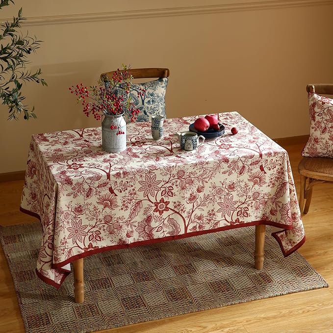Designer French Linen Long Rectangle Tablecloth,Red Floral Washable Indoor Table Cloth,Durable Home Decor Tablecloths for Dining Thanksgiving Kitchen Party Christmas,63"*102"-Ruyi A