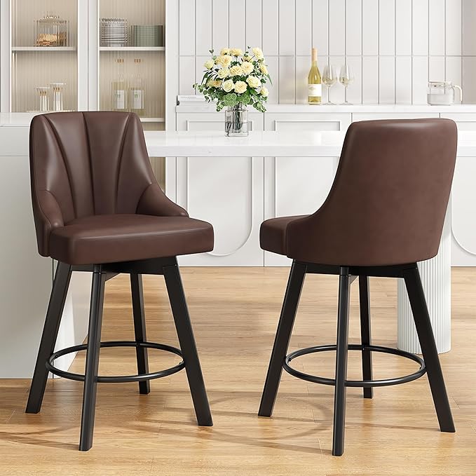 Bar Stools with Backs, PU Leather Upholstered Counter Barstools with Solid Wood Legs for Kitchen Island, Home Bar(3PCS Brown)