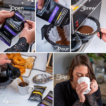 Colonial Coffee Packets, Pre Ground Coffee Packs, High Caffeine Blend, Medium - Dark Roast, Bulk Single Pot Bags for Drip Coffee Makers, (2.5 oz Bags, Pack of 100)