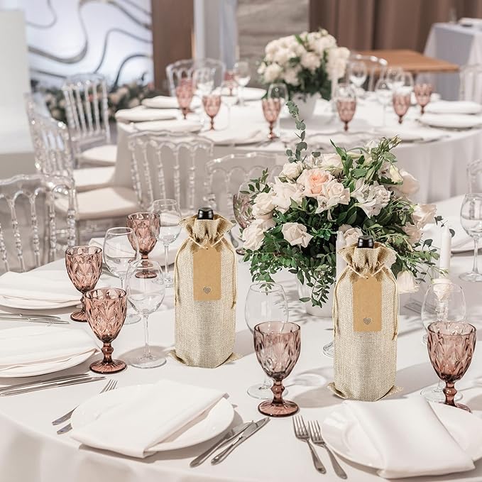 Windyun 100Pcs Burlap Wine Bags Drawstring Wine Bottle Gift Sacks with Tags 5.9 x 13.8 Inch Jute Burlap Plain Wine Bags for Wedding Birthday Blind Tastings Christmas Travel Party (Natural Color)