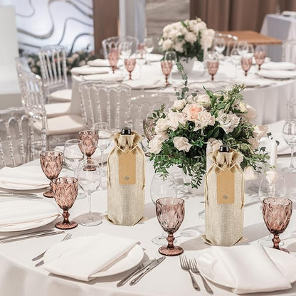 Windyun 100Pcs Burlap Wine Bags Drawstring Wine Bottle Gift Sacks with Tags 5.9 x 13.8 Inch Jute Burlap Plain Wine Bags for Wedding Birthday Blind Tastings Christmas Travel Party (Natural Color)