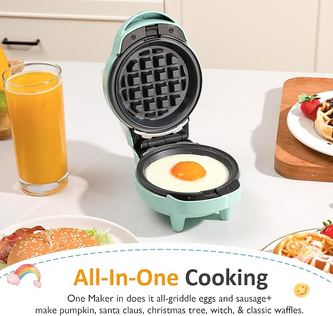 6 in 1 Mini Waffle Maker: 4” Waffle Iron with Removable Non-stick Plates, Perfect Mini Waffle Maker for Kids and Families, Light Blue