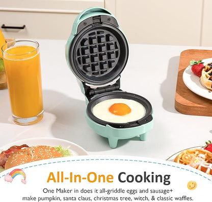 6 in 1 Mini Waffle Maker: 4” Waffle Iron with Removable Non-stick Plates, Perfect Mini Waffle Maker for Kids and Families, Light Blue