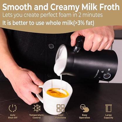HAUSHOF Electric Milk Frother, 4-in-1 Milk Frother and Steamer, Large Capacity, Automatic Warm and Cold Foam Maker and Milk Warmer for Coffee, Latte, Macchiato, Cappuccino, Hot Chocolate, Black