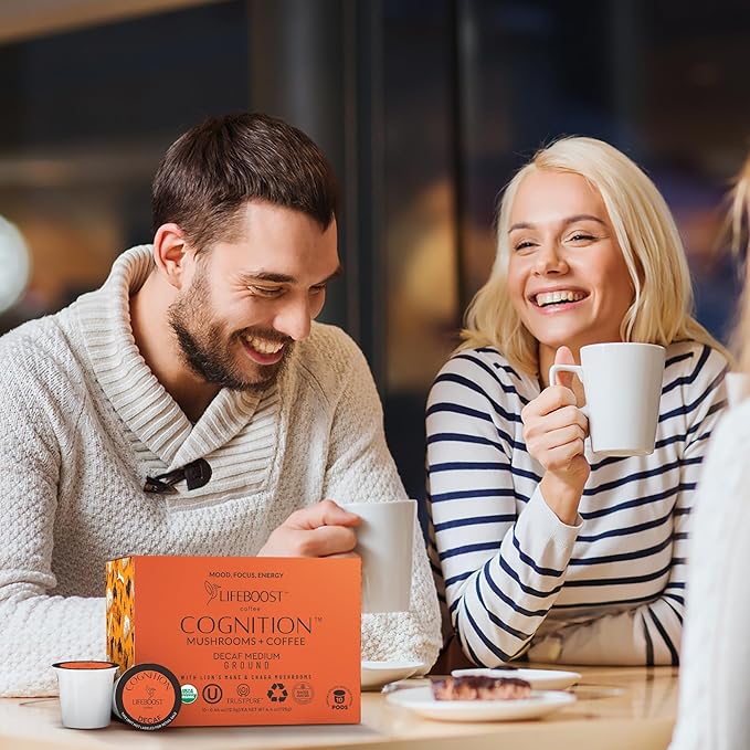 Lifeboost Cognition Decaf Mushroom Coffee Pods – Organic Low Acid Decaf K-Cups with Lion’s Mane & Chaga Adaptogens – Nootropic Coffee for Focus, Energy & Immune Support – 10 Count