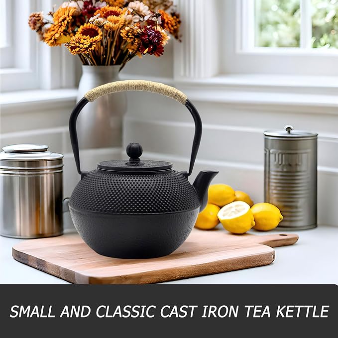 YJX 40.6 fl oz Cast Iron Teapot Set, Japanese Tetsubin Tea Set with Cast Iron Teacups, Small Tea Kettle Set with Strainer for Loose Tea, Enameled Interior (1200ml Tea Set with Cups and Saucers)