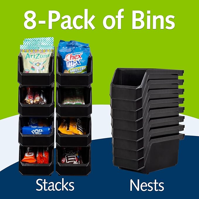 Plastic Containers for Organizing and Storage Bins for Closet, Kitchen, Office, Garage or Pantry Organization, Stackable Bins, Medium (11" x 5" x 5.5"), 8-Pack, Black