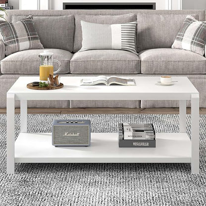 EXCEFUR White Coffee Table with Storage, Modern Center Table for Living Room, Rustic Wood and Metal Cocktail Tables, White Oak