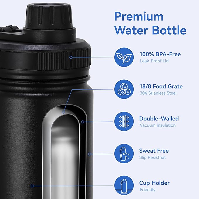 DOMICARE 16 oz Kids Water Bottle for School Stainless Steel Double Wall Vacuum Insulated Water Bottle with Straw lids & Spout Lid, Leakproof BPA Free （Black,4）