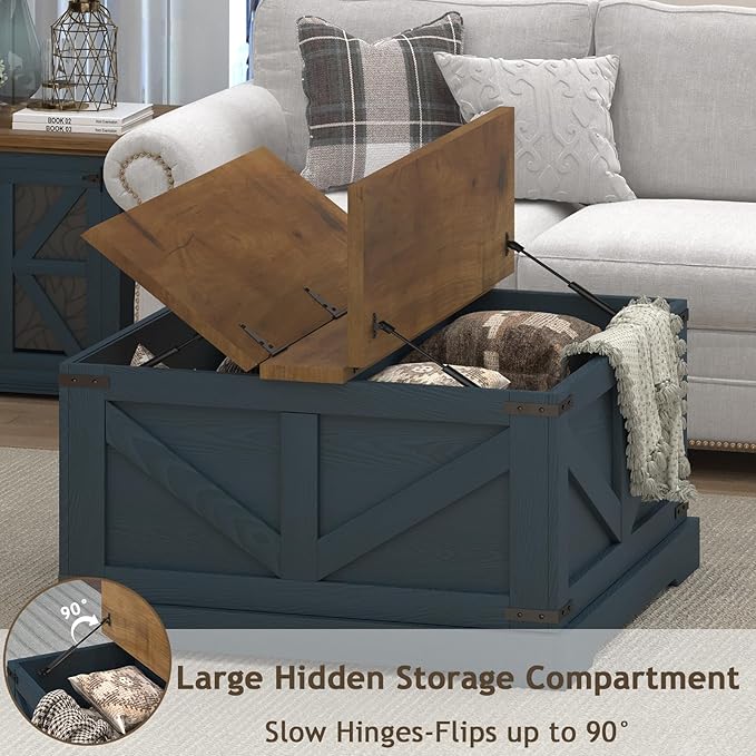 Farmhouse Coffee Table with Hidden Storage Compartment, Square Coffee Table for Living Room, Wood Center Table with Hinged Lifting Tabletop for Home, Navy Blue