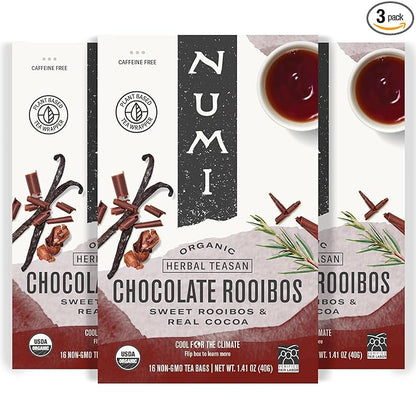 Numi Organic Chocolate Rooibos Tea, 16 Tea Bags (Pack of 3), Red Tea with Cocoa, Honeybush & Vanilla (Packaging May Vary)