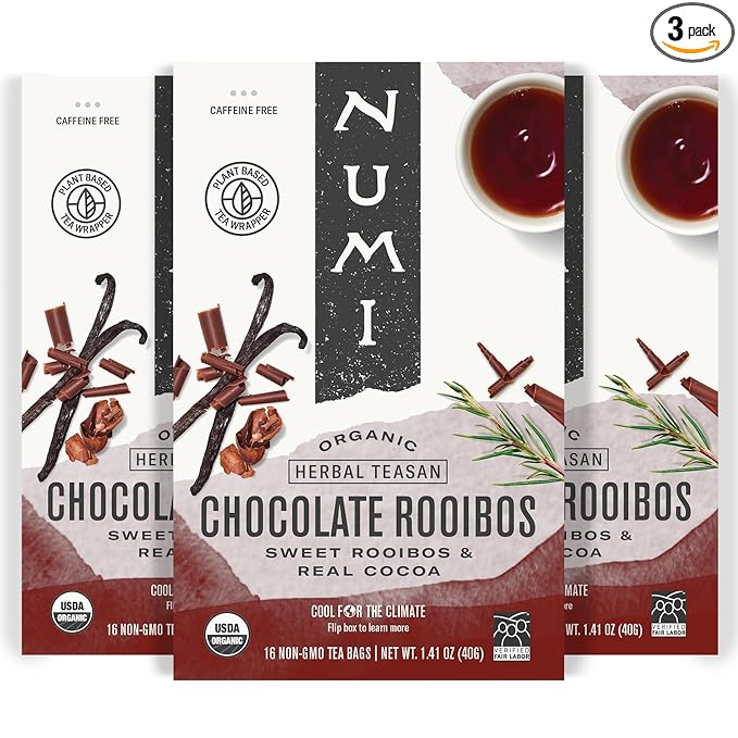 Numi Organic Chocolate Rooibos Tea, 16 Tea Bags (Pack of 3), Red Tea with Cocoa, Honeybush & Vanilla (Packaging May Vary)