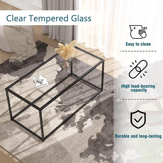Glass Coffee Table, Modern Center Tables for Living Room, Black Rectangle Center Tea with Metal Frame, Clear Glass Top Coffee Table for Home, Office, Easy Assembly, 39.4 x 18.9 x 17.7, Black