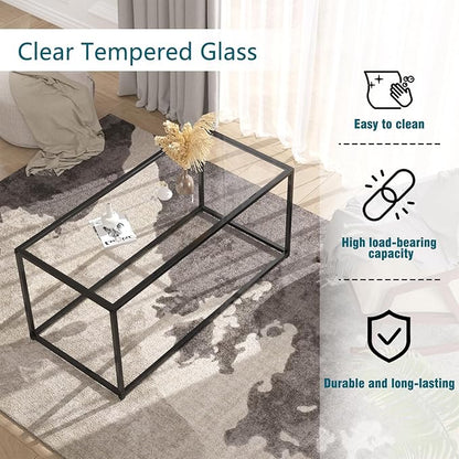 Glass Coffee Table, Modern Center Tables for Living Room, Black Rectangle Center Tea with Metal Frame, Clear Glass Top Coffee Table for Home, Office, Easy Assembly, 39.4 x 18.9 x 17.7, Black
