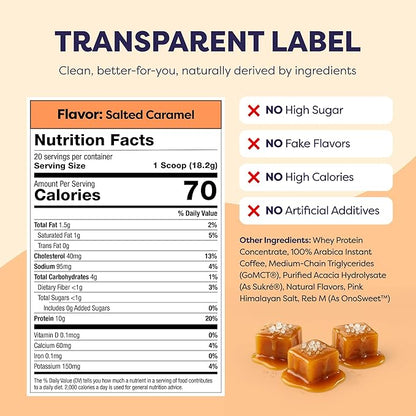 Salted Caramel Protein Iced Coffee - Premium Whey Protein & Instant Iced Coffees - 100% Natural Cold Brew Coffee - Zero Artificial Flavors & Sweeteners, 80 mg Caffeine, 0g of Sugar, 20 Servings