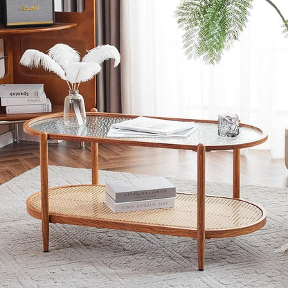 VINGLI 38" Rattan Oval Coffee Table, Water-Wave Glass Metal Center Table, Modern Coffee Table with 2-Tier Storage, Farmhouse Coffee Table for Living Room and Small Space, Natural Vibe