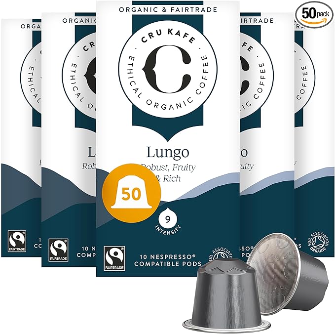 Cru Kafe Lungo Americano Strong USDA Organic Espresso Coffee Capsules (50 Pods) Fairtrade Coffee Pods Compatible with Nespresso Original Line and Pixie Machines