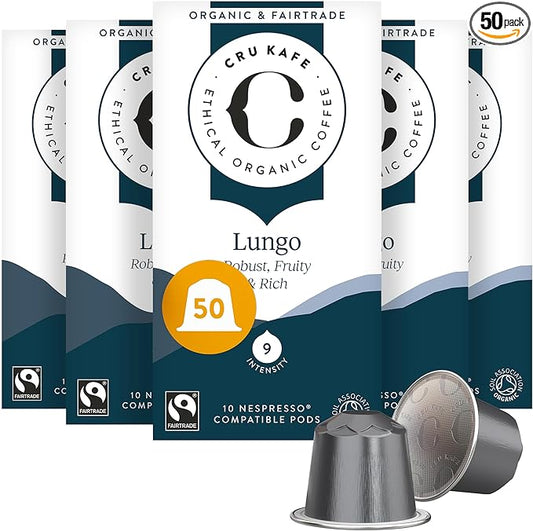Cru Kafe Lungo Americano Strong USDA Organic Espresso Coffee Capsules (50 Pods) Fairtrade Coffee Pods Compatible with Nespresso Original Line and Pixie Machines