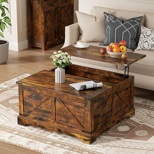 Coffee Table with Storage, 31.5" W Farmhouse Lift Top Wood Square Center Table with Charging Station, Rustic Cocktail Tables with Flip Top Lids for Living Room, Home Office, Rustic Brown