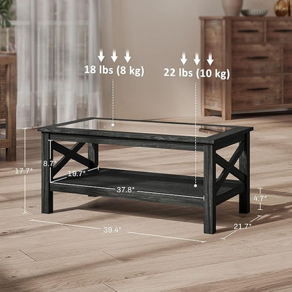 HOMCOM Glass Coffee Table, Modern Farmhouse Center Table with Storage, Side Table for Living Room with Classic X-Bar Style Sides, Black