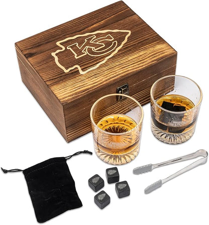 The Memory Company Officially Licensed NFL Wood Boxed Drinkware Set, with 2 Rocks Glasses and Cooling Cubes, Kansas City Chiefs