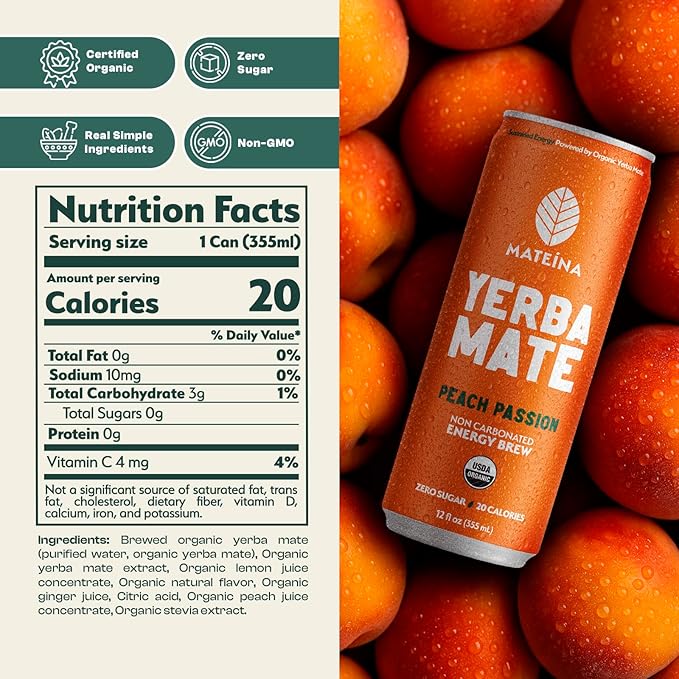 Mateina Yerba Mate Zero Sugar Energy Drink – 120mg Natural Caffeine – Organic, Non-GMO, Non-Carbonated – Dr. Andrew Huberman Recommended – 12 Pack (12oz Cans) (12 Pack, Peach Passion)