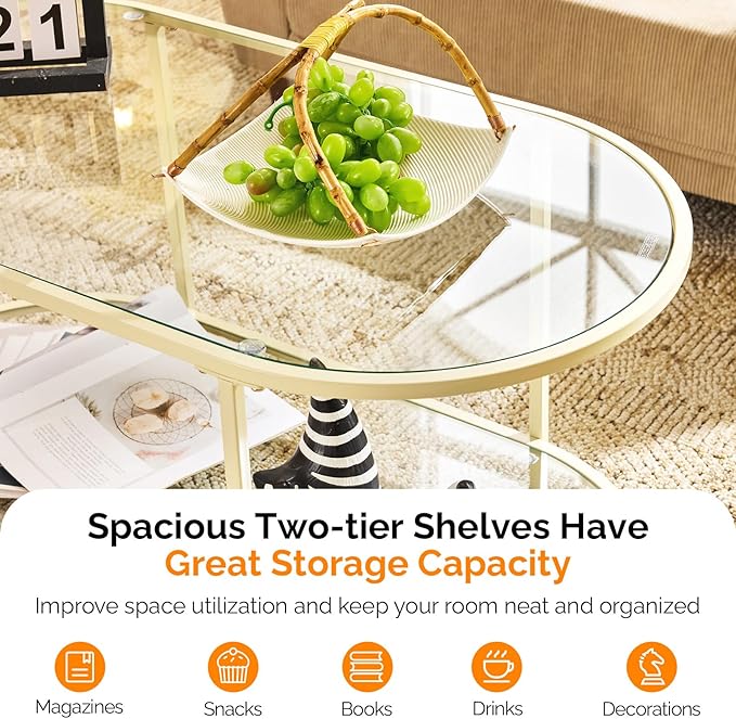 VINGLI 38" Glass Coffee Table, Oval Coffee Tables for Living Room, Small Coffe Table with 2-Tier Storage, Modern Center Table for Home Decor, Office, Small Space, Beige