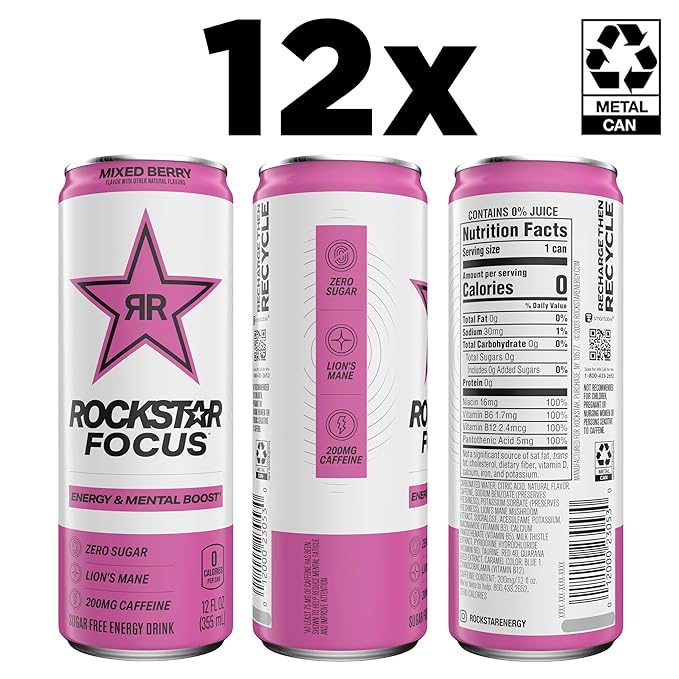 Rockstar Focus, Mixed Berry, 12 Fl Oz Cans (Pack of 12)