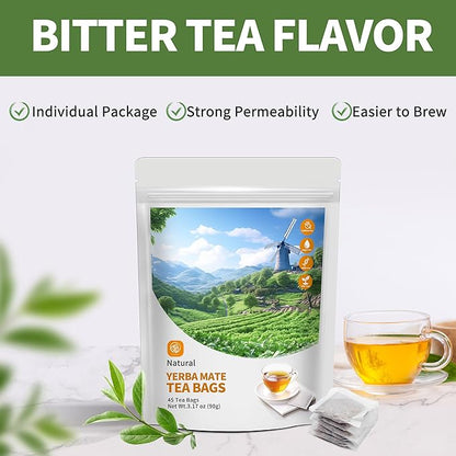 Yerba Mate Tea Bags 45 Tea Bags Organic -Supports Cardiovascular & Digestive Systems, Keep youth，with Madein.