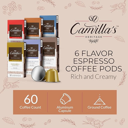 Camilla’s Heritage - Intensity 8 Flavored Espresso Coffee Variety Pack (Caribbean Spice, Cinnamon, Hazelnut, Chocolate, Caramel & Vanilla Espresso Cups) 60 Coffee Pods