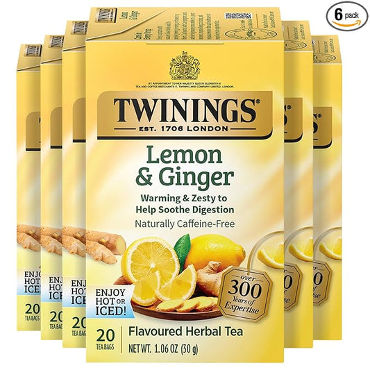 Twinings Lemon & Ginger Herbal Tea Individually Wrapped Bags, 20 Count (Pack of 6), Tangy Lemon, Spicy Ginger, Naturally Caffeine-Free, Enjoy Hot or Iced, 120 Teabags