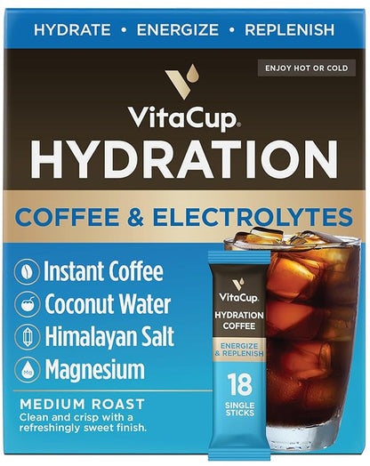 VitaCup Hydration Coffee Packets, The First Coffee That Hydrates You w/Electrolytes, Coconut Water, Pink Himalayan Salt, Magnesium, Medium Roast, Instant Coffee in Single Serve Sticks, 18 Ct
