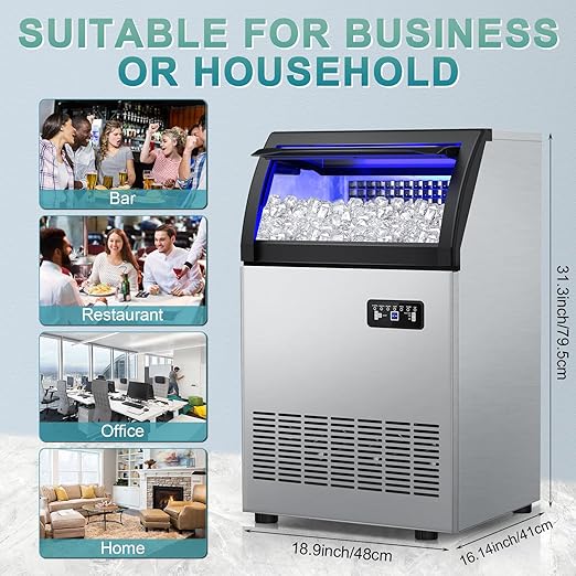 Commercial Ice Maker Machine 260Lbs/24H, 72pcs Ice Cubes Under Counter Ice Machine with Water Line and Filter, Freestanding Ice Maker Machine with 55Lbs Storage ice Bin for Home/Shop/Office/Bar