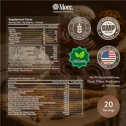 More. Longevity & Wellbeing Mushroom Superfood Blend with Natural Caffeine – 7 Functional Mushrooms with Lion’s Mane Supplement, Reishi, Chaga & Ashwagandha Extract , Instant Mushroom Supplement for Energy & Focus – Coconut Banana