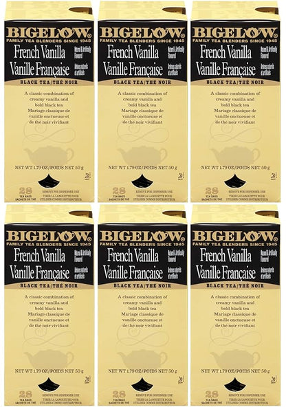 Bigelow French Vanilla Tea 28-Count Boxes (Pack of 6) Premium Black Tea Flavored with Vanilla Antioxidant-Rich Gluten-Free Full-Caffeine Tea in Foil-Wrapped Bags