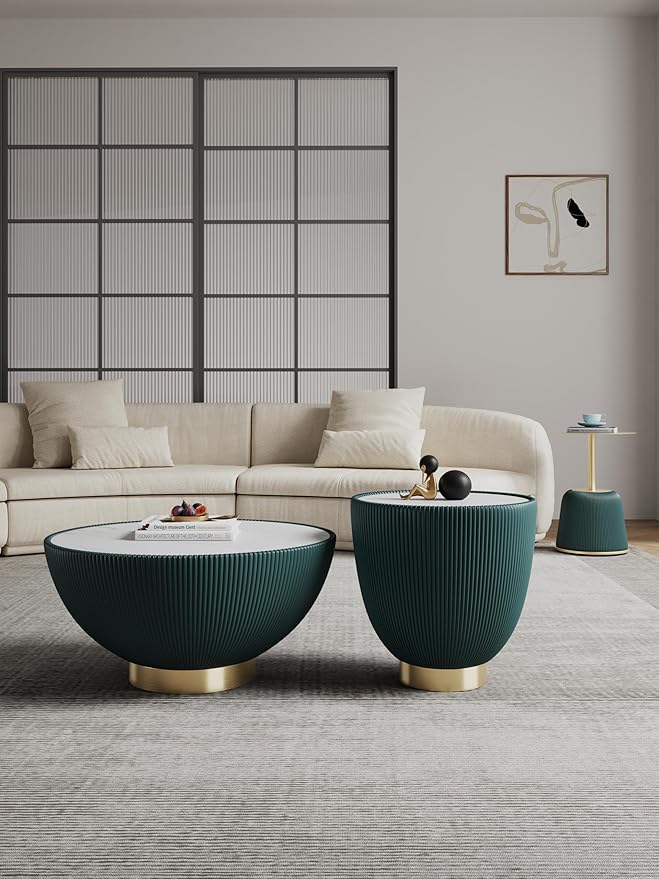Manhattan Comfort Modern Anderson Coffee Table, 1.0 & 2.0 End Table, Upholstered in Green Leatherette with Ceramic Faux Tabletop and Gold Metal Tabletop- Set of 3