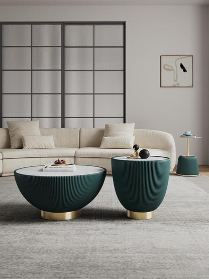 Manhattan Comfort Modern Anderson Coffee Table, 1.0 & 2.0 End Table, Upholstered in Green Leatherette with Ceramic Faux Tabletop and Gold Metal Tabletop- Set of 3