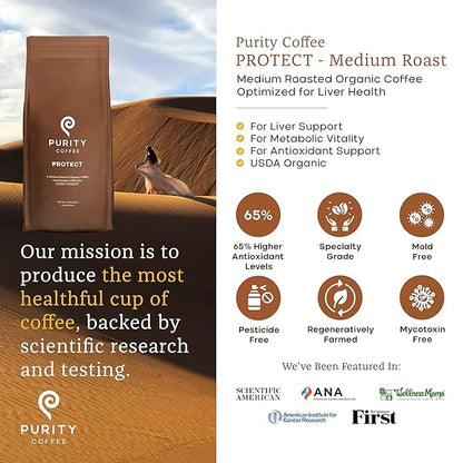 Purity Coffee PROTECT Highest Antioxidant Light-Medium Roast - USDA Certified Organic Specialty Grade Arabica Whole Bean Coffee - Third Party Tested for Mold, Mycotoxins, Pesticides - 5 lb Bag