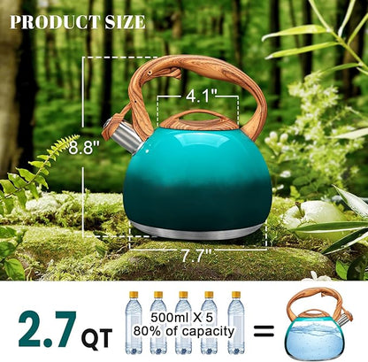 GGC Tea Kettle for Stove Top, 3.1QT/3L Whistling Tea Kettles for Boiling Water Coffee or Milk, Gradient Green Tea Pot with Wood Parttern Handle, Stainless Steel Tea Pot for Home and Kitchen